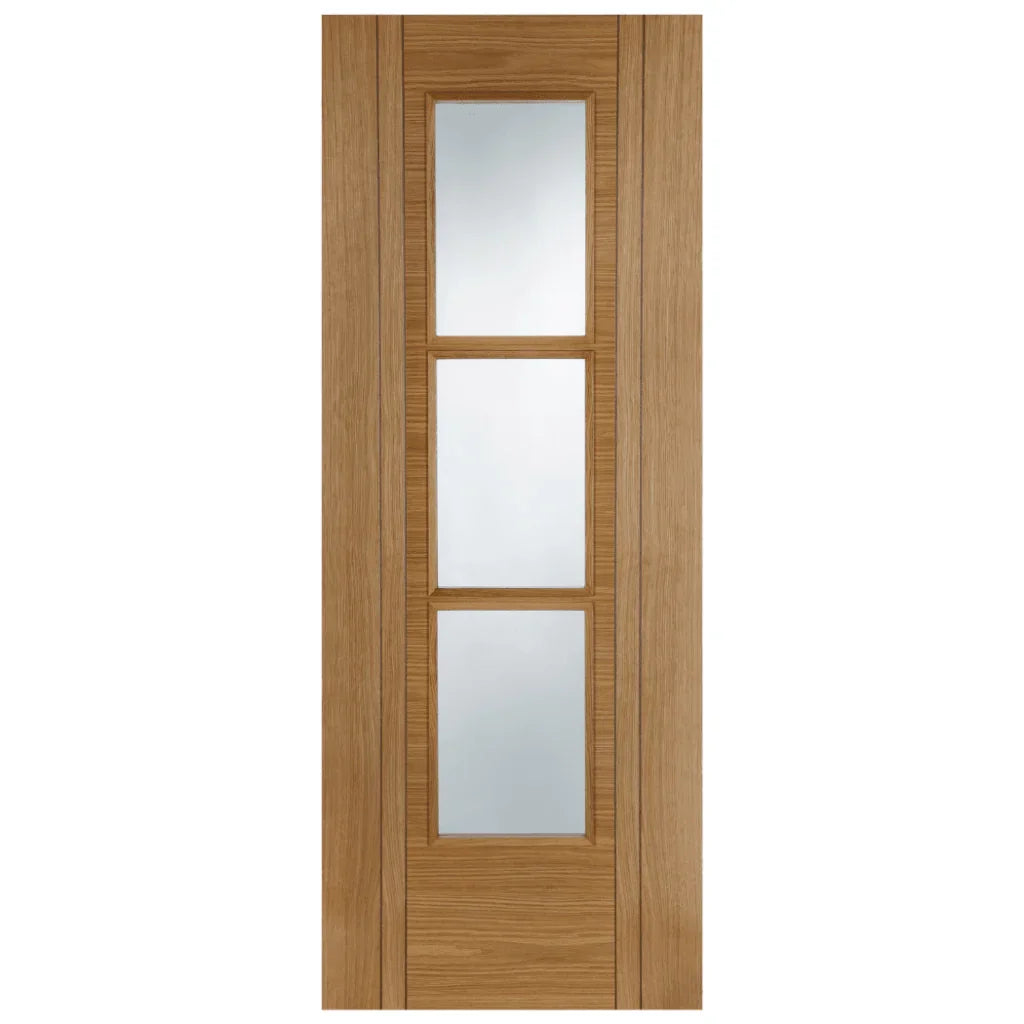 Oak internal fire door with three clear glazed glass panels, modern FD30 design