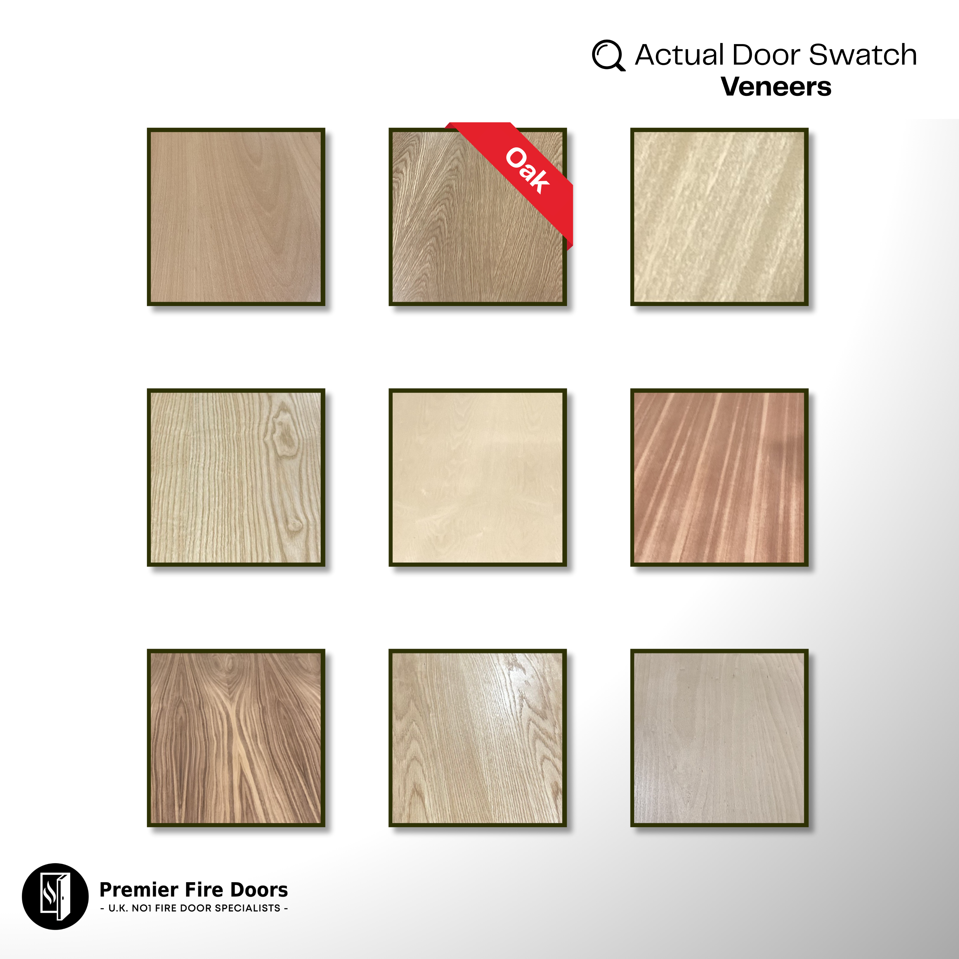 Veneer door swatches showcasing different wood finishes including oak and light timber effects.