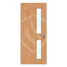 Oak finish fire door with two vertical glazed panels and silver handle, FD30 rated