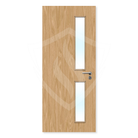 Oak veneer fire door with two vertical glazed panels and silver handle, internal use