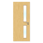 Oak finished internal fire door with two narrow vertical glazed panels and handle