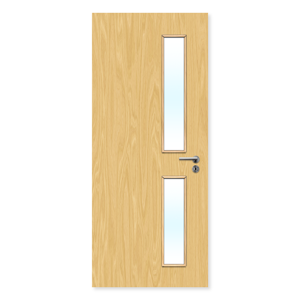 Oak finished internal fire door with two narrow vertical glazed panels and handle