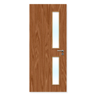 Oak fire door with two vertical glazed panels and silver handle, FD30 rated internal door