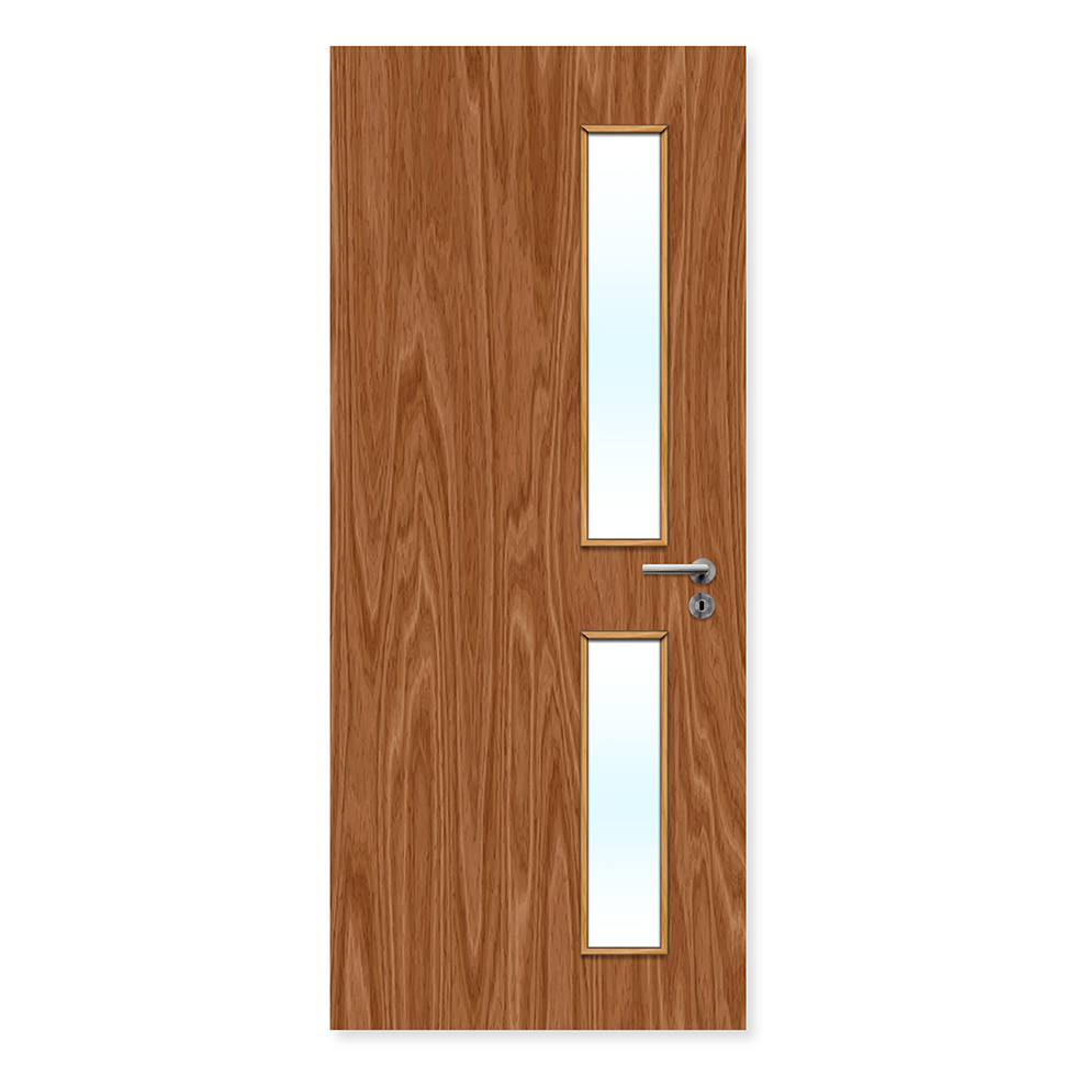 Oak fire door with two vertical glazed panels and silver handle, FD30 rated internal door
