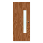 Oak veneered fire door with long vertical glazed panel and silver handle
