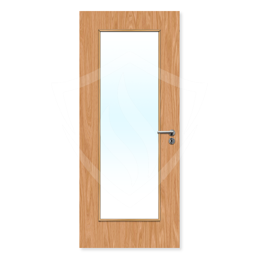 FD30 beech fire door with large clear glazed panel and silver handle, internal use