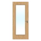 Oak glazed fire door with large clear glass panel and silver handle, internal use