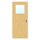 Oak finish internal fire door with square glazed panel and silver handle