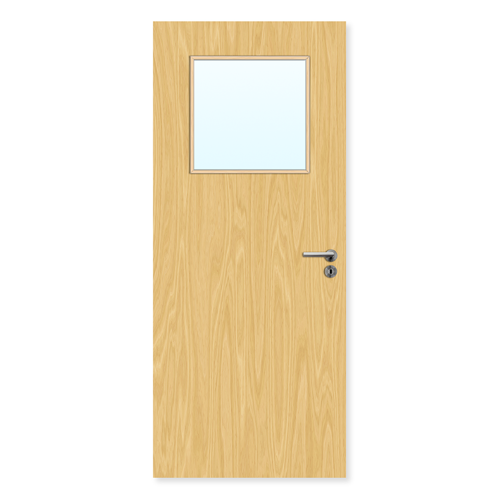 Oak finish internal fire door with square glazed panel and silver handle