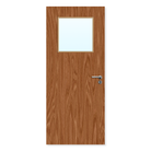 Oak effect fire door with square glazed panel and metal handle, suitable for internal use.