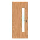 Beech fire door with narrow vertical glazed panel and silver handle, internal door