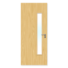 Oak fire door with vertical glazed panel and silver handle, isolated on white background