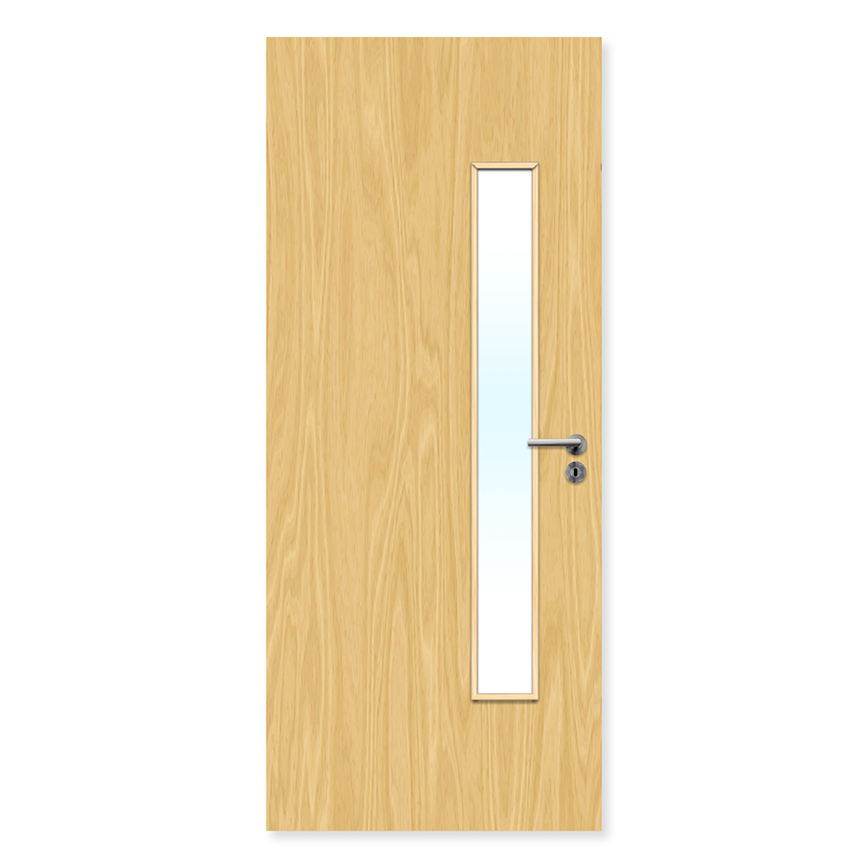 Oak fire door with vertical glazed panel and silver handle, isolated on white background