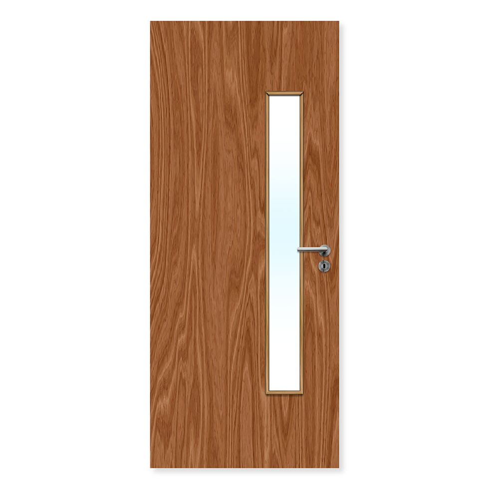Internal oak fire door with vertical glazed panel and metal handle