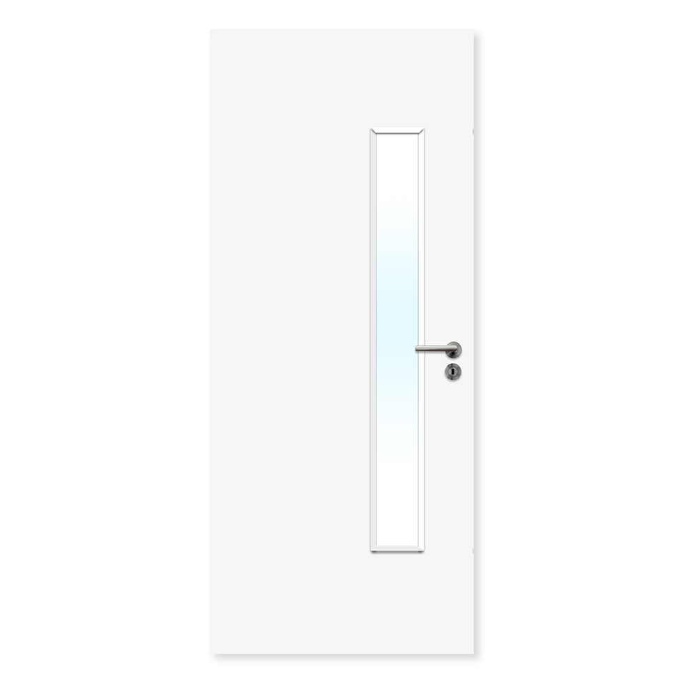 White fire door with vertical glazed panel and silver handle, internal fire resistant door