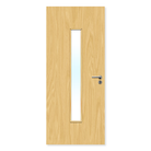 Oak internal fire door with narrow vertical glazed panel and silver handle