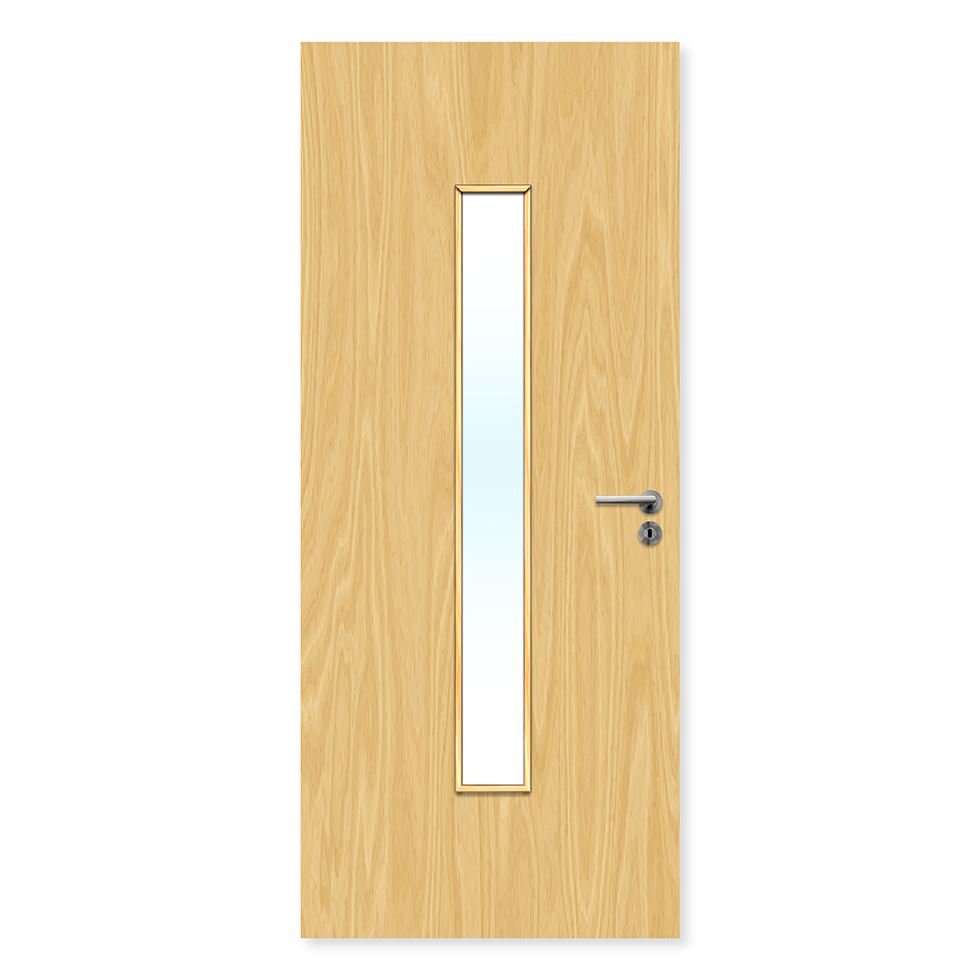 Oak internal fire door with narrow vertical glazed panel and silver handle