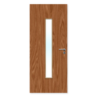 Single oak fire door with vertical glazed panel and silver handle for interior use