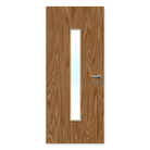 Walnut fire door with vertical glazed panel and silver handle, interior use