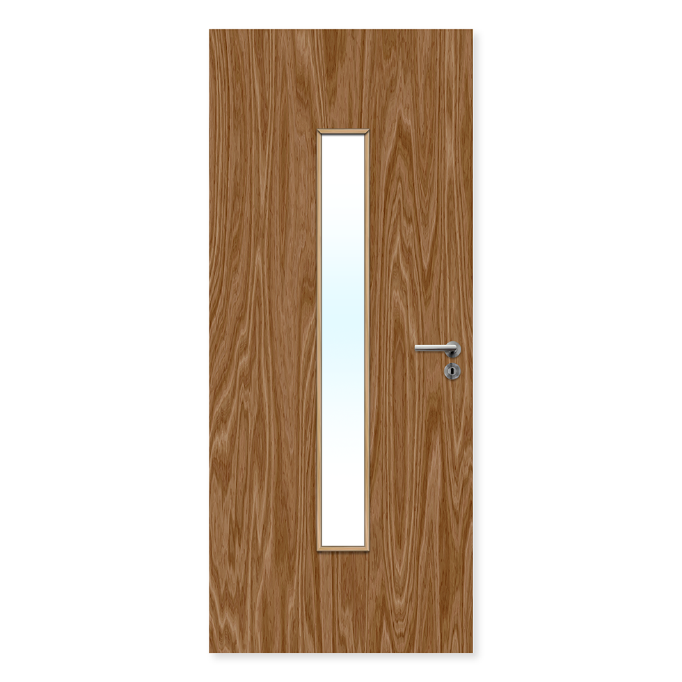 Walnut fire door with vertical glazed panel and silver handle, interior use