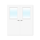 Double white fire door with clear glazed panels and silver handles, suitable for internal use