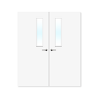 Double white fire door with vision panels and silver handles, interior safety door