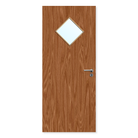 Oak finish internal fire door with diamond glazed window and metal handle