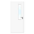 White fire door with tall narrow glazed vision panel and silver handle