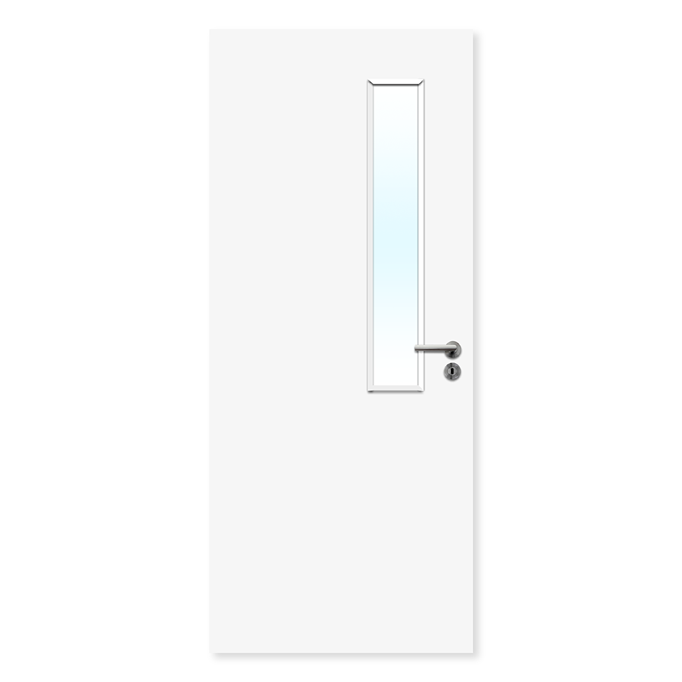 White fire door with tall narrow glazed vision panel and silver handle