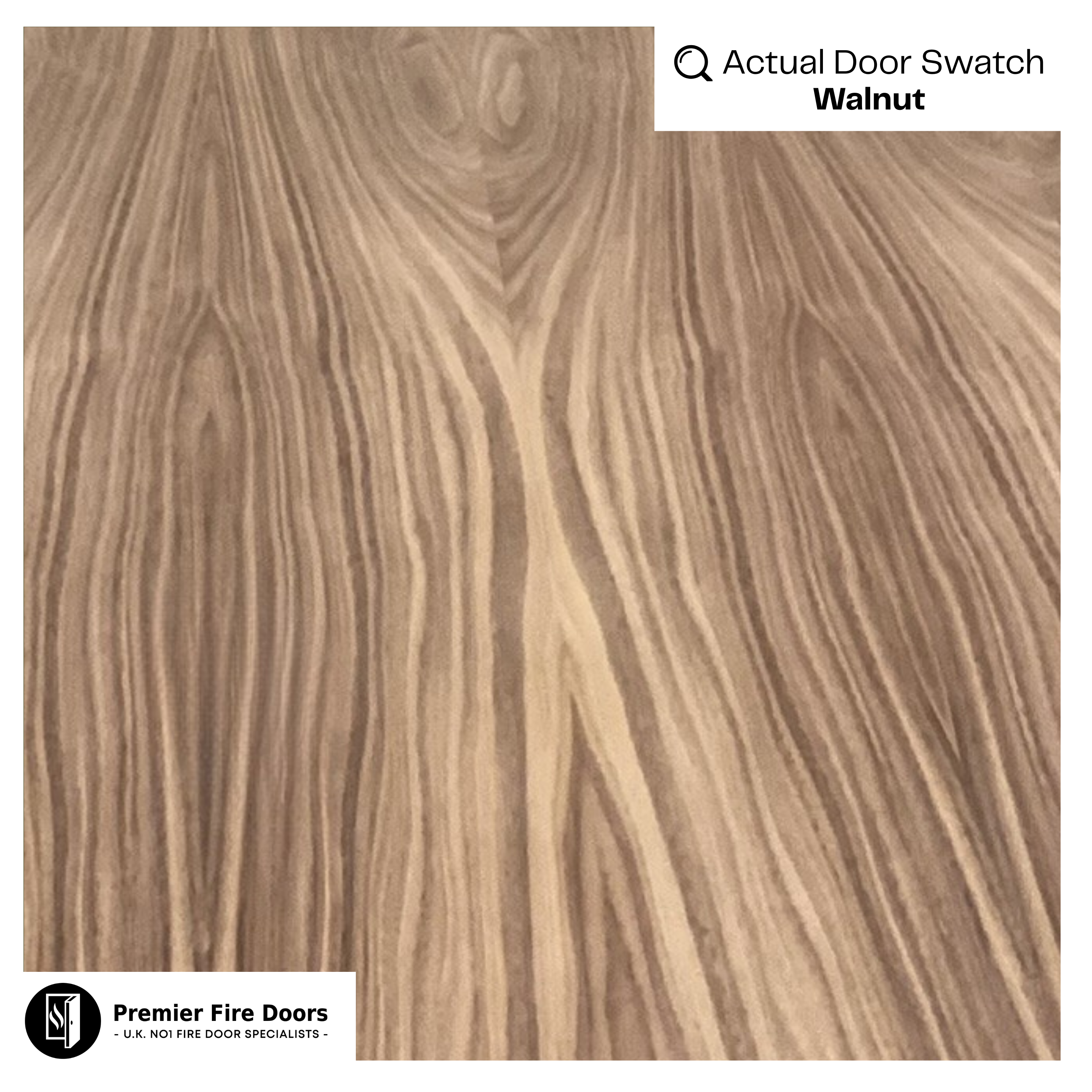 Actual walnut fire door swatch showing natural wood grain pattern for internal doors.