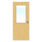 Oak finish internal fire door with large rectangular clear glass panel and metal handle