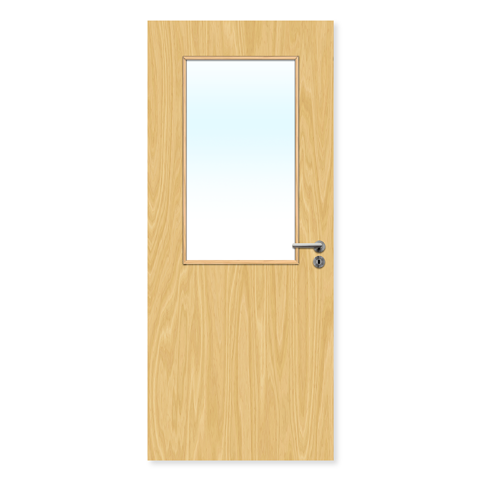 Oak finish internal fire door with large rectangular clear glass panel and metal handle