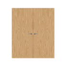 Double oak fire door set with natural wood grain and metal handles, closed view