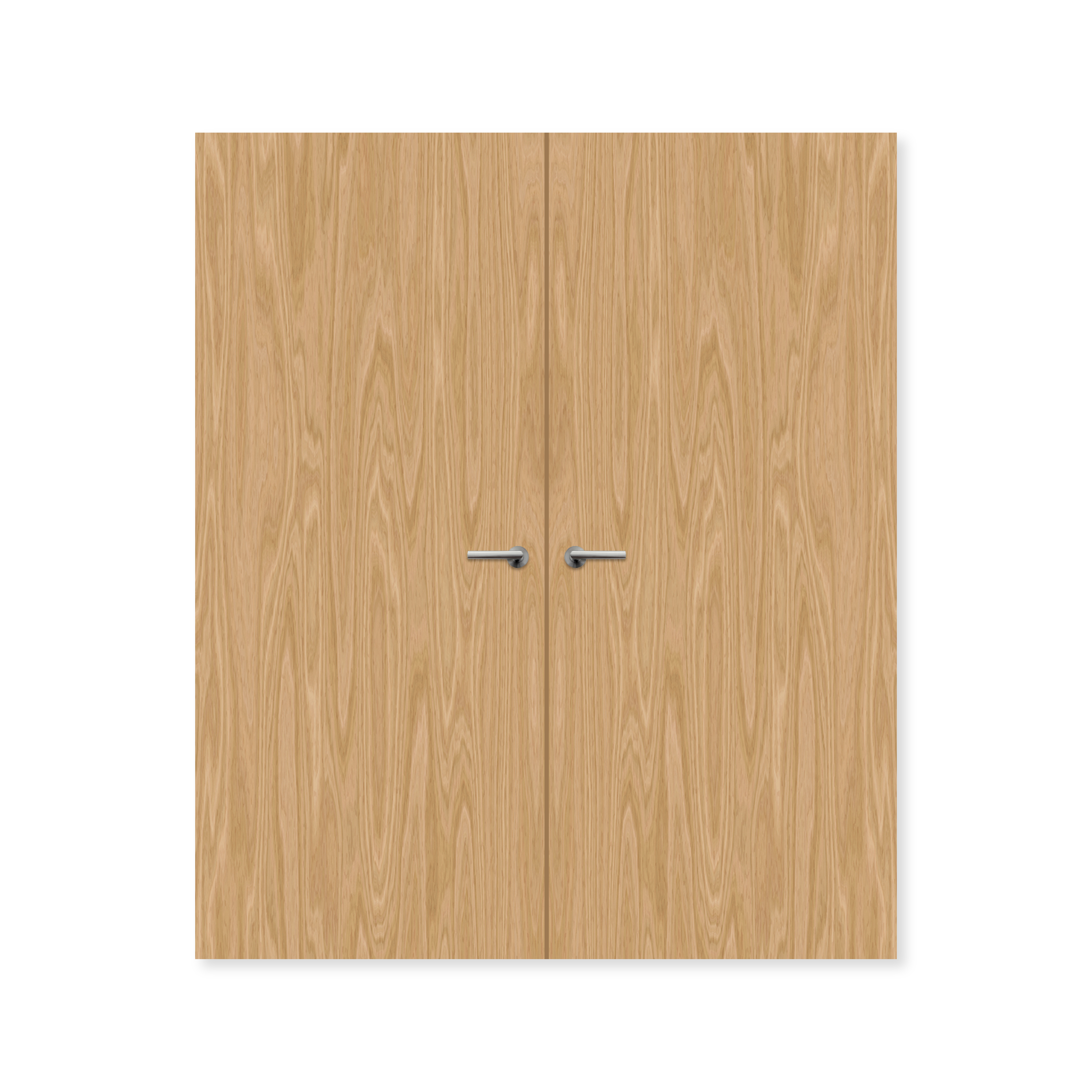 Double oak fire door set with natural wood grain and metal handles, closed view
