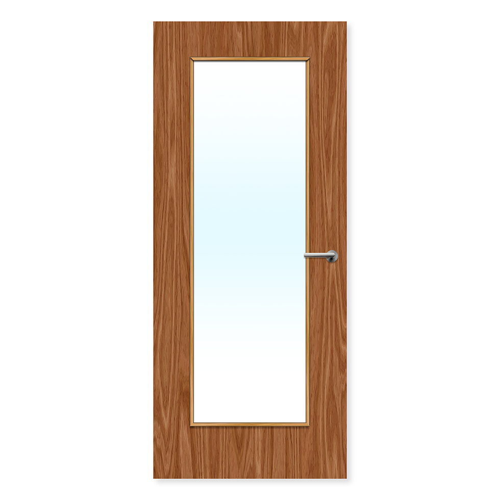 Oak glazed internal fire door with large glass panel and silver handle