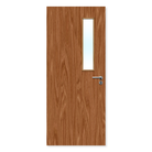 Oak finish internal fire door with slim vertical glazed panel and metal handle.