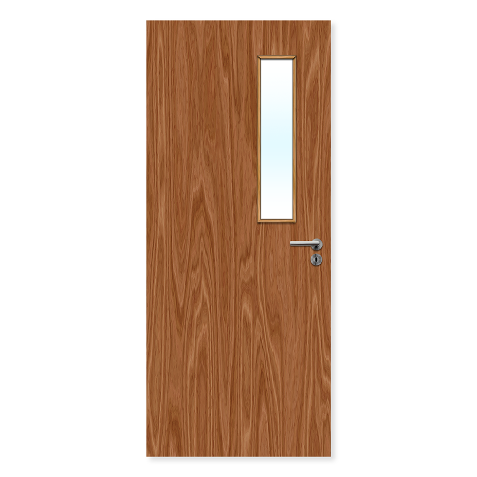 Oak finish internal fire door with slim vertical glazed panel and metal handle.