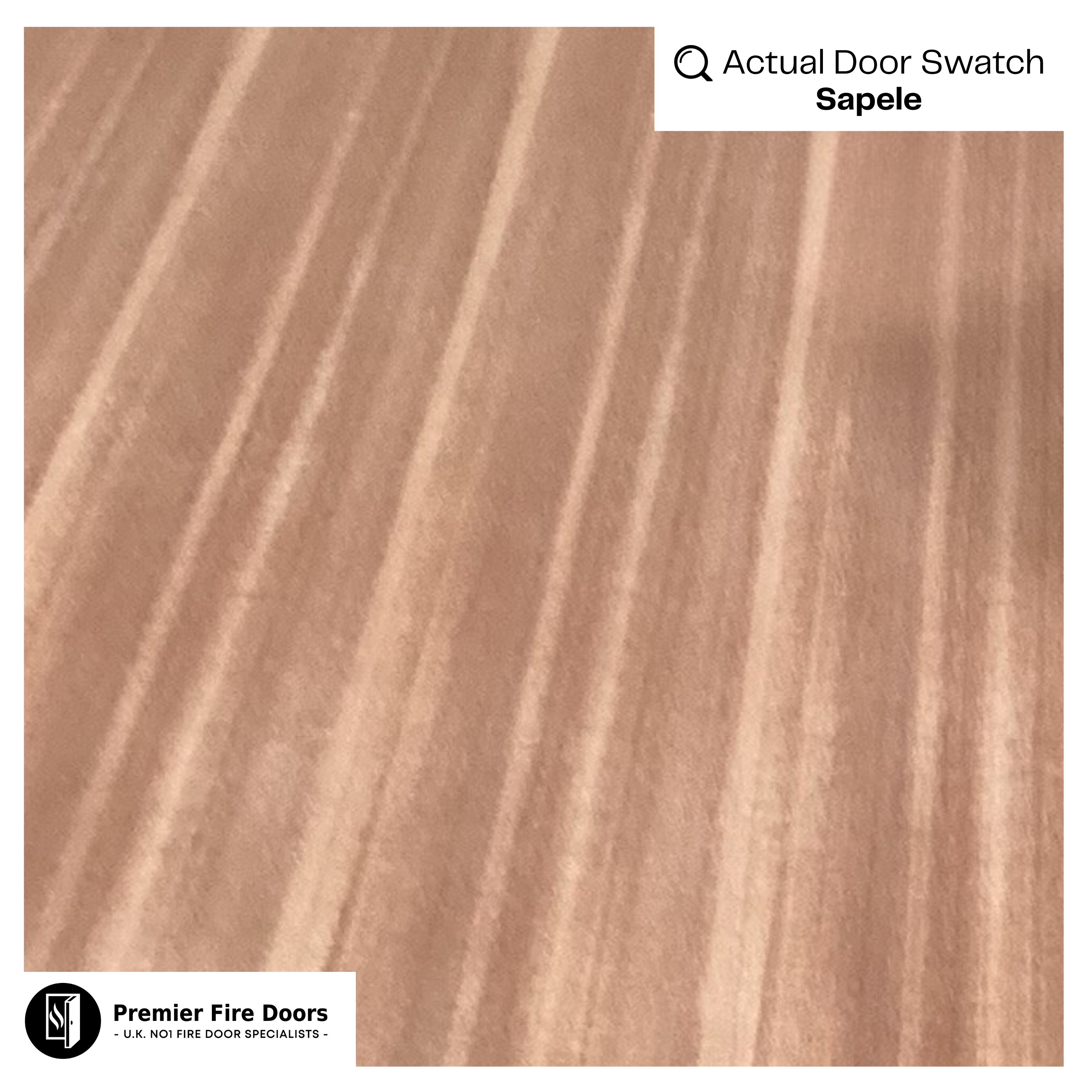 Sapele wood door swatch sample with reddish-brown, striped wood grain texture.