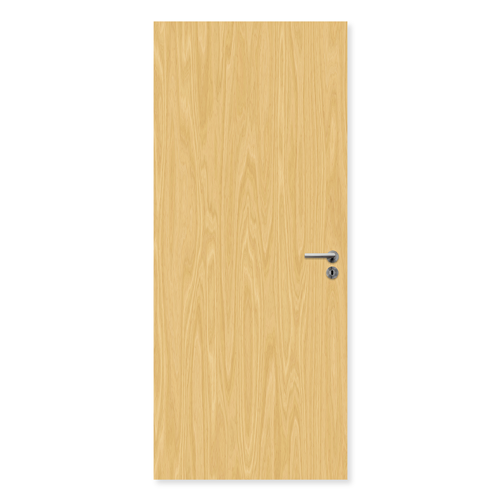 Single leaf flush koto fire door with natural wood grain and silver handle
