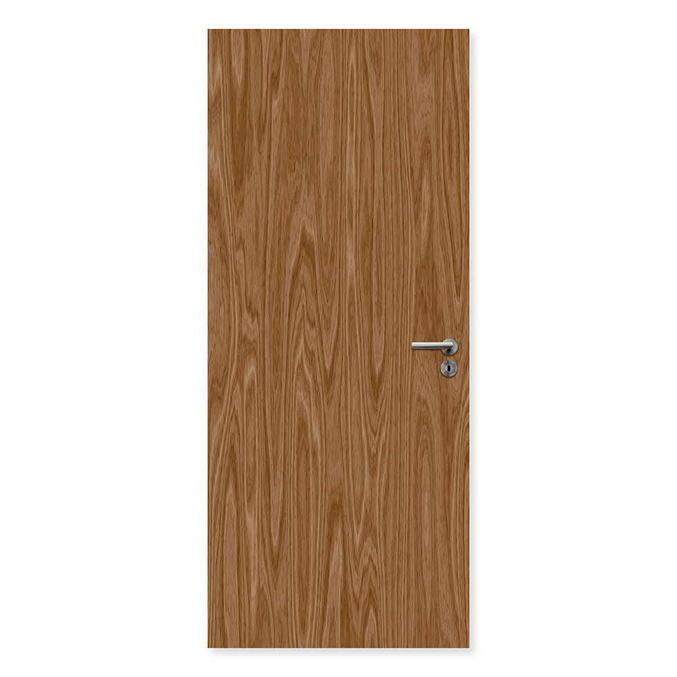 Single flush walnut fire door with wood grain finish and silver handle, internal use