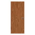 Single leaf flush oak fire door with wood grain finish and metallic handle on white background