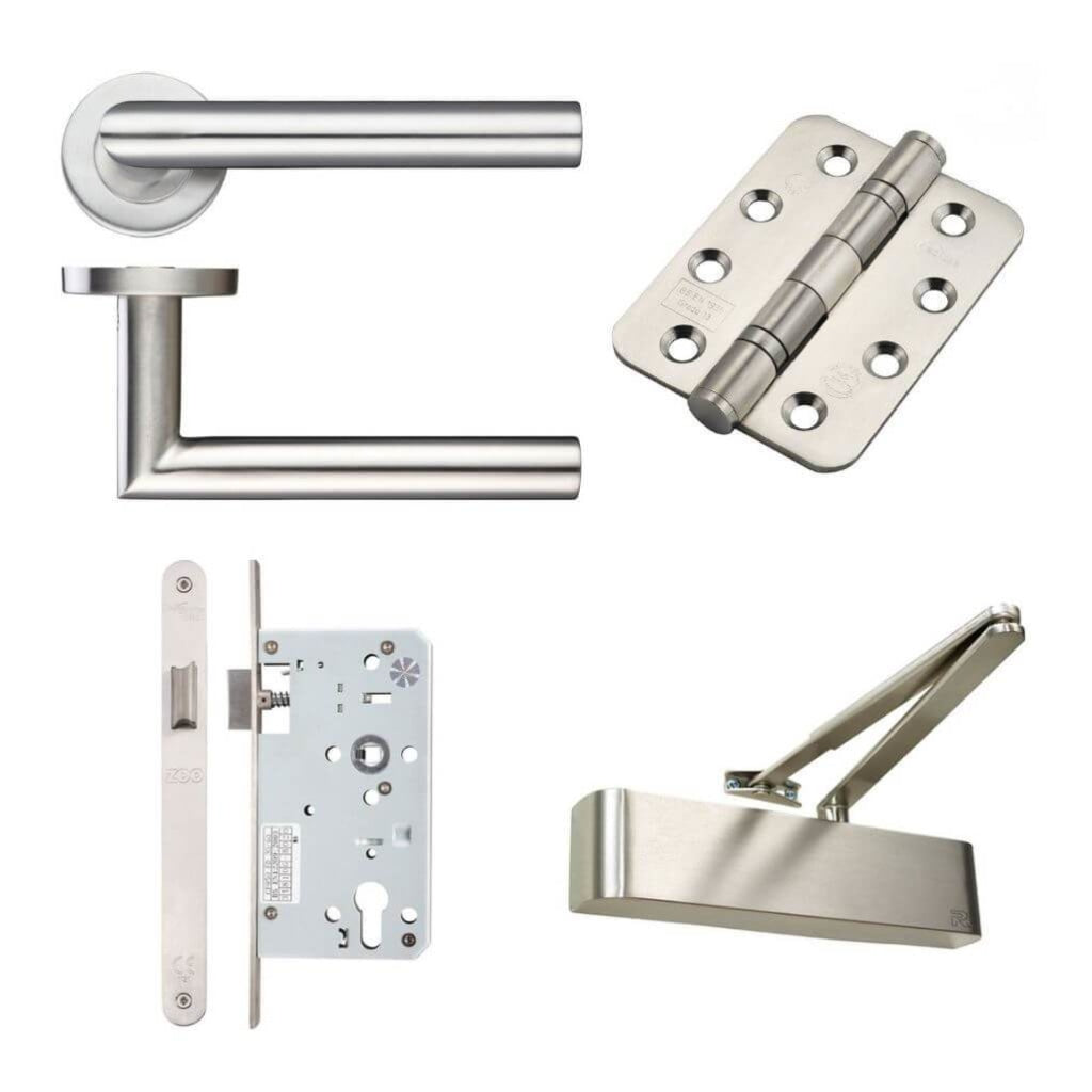 Ironmongery fire Door Kit - Lever Latch and Closer Hardware Pack A / Stainless Steel Premier Fire Doors