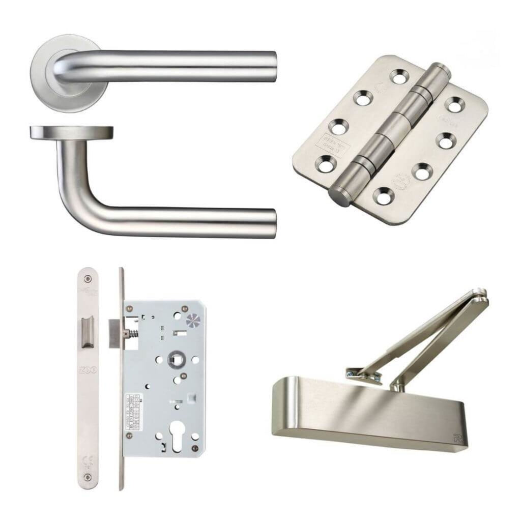 Ironmongery fire Door Kit - Lever Latch and Closer Hardware Pack B / Stainless Steel Premier Fire Doors