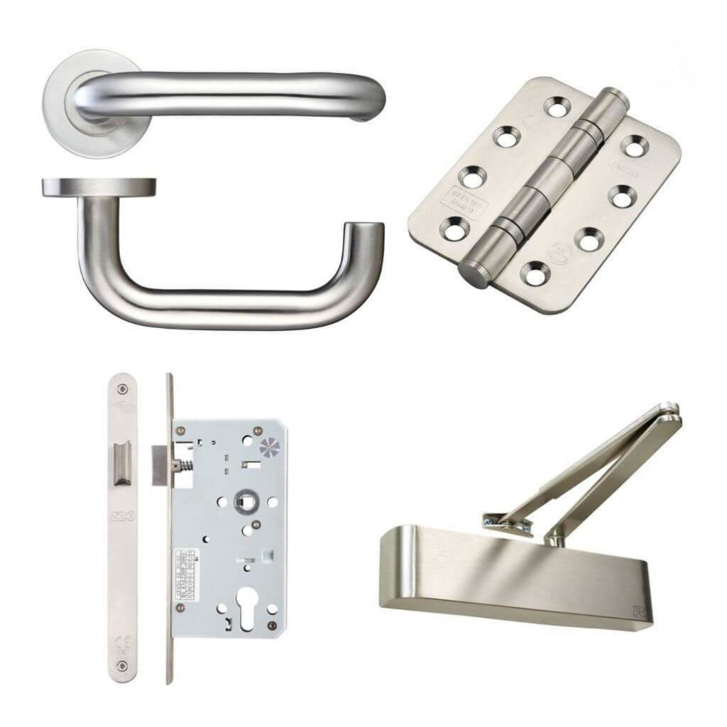 Ironmongery fire Door Kit - Lever Latch and Closer Hardware Pack C / Stainless Steel Premier Fire Doors