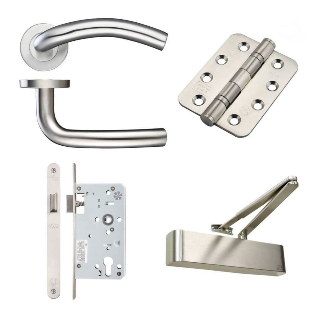Ironmongery fire Door Kit - Lever Latch and Closer Hardware Pack D / Stainless Steel Premier Fire Doors