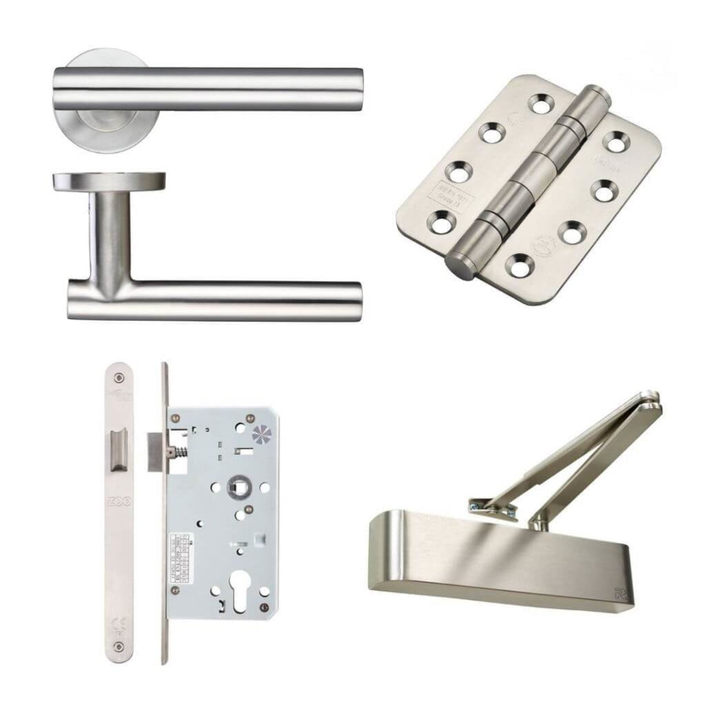 Ironmongery fire Door Kit - Lever Latch and Closer Hardware Pack E / Stainless Steel Premier Fire Doors