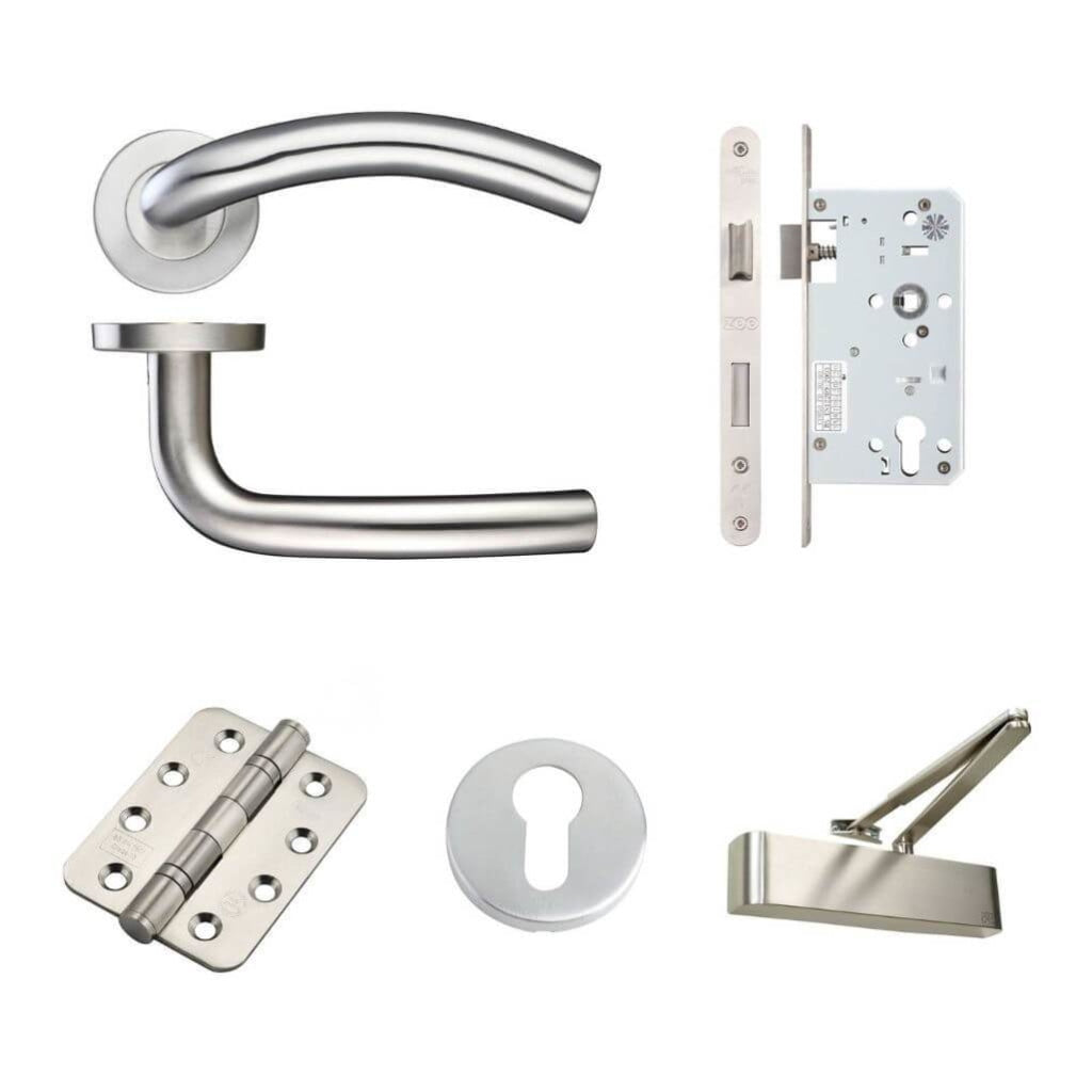 Ironmongery fire Door Kit - Lever Lock Escutcheons and Pack D / Stainless Steel Premier Fire Doors