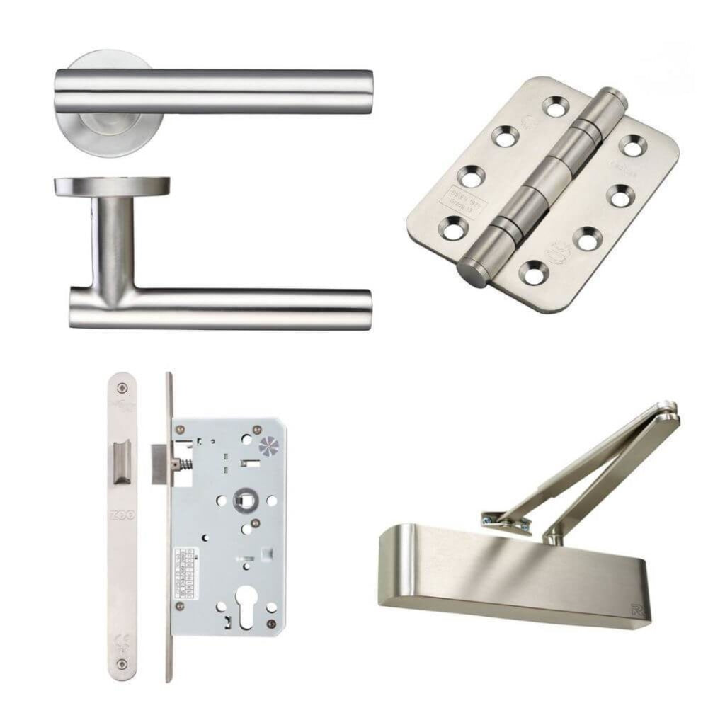 Ironmongery Double fire Door Kit - Lever Latch and Closer Pack E / Stainless Steel Premier Fire Doors