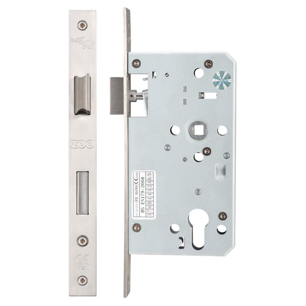 Din Escape Lock - 72mm c/c Backset 60mm | Premier Fire Doors Radius profile - Grade 304 stainless steel forend / Satin Stainless Premier Fire Doors