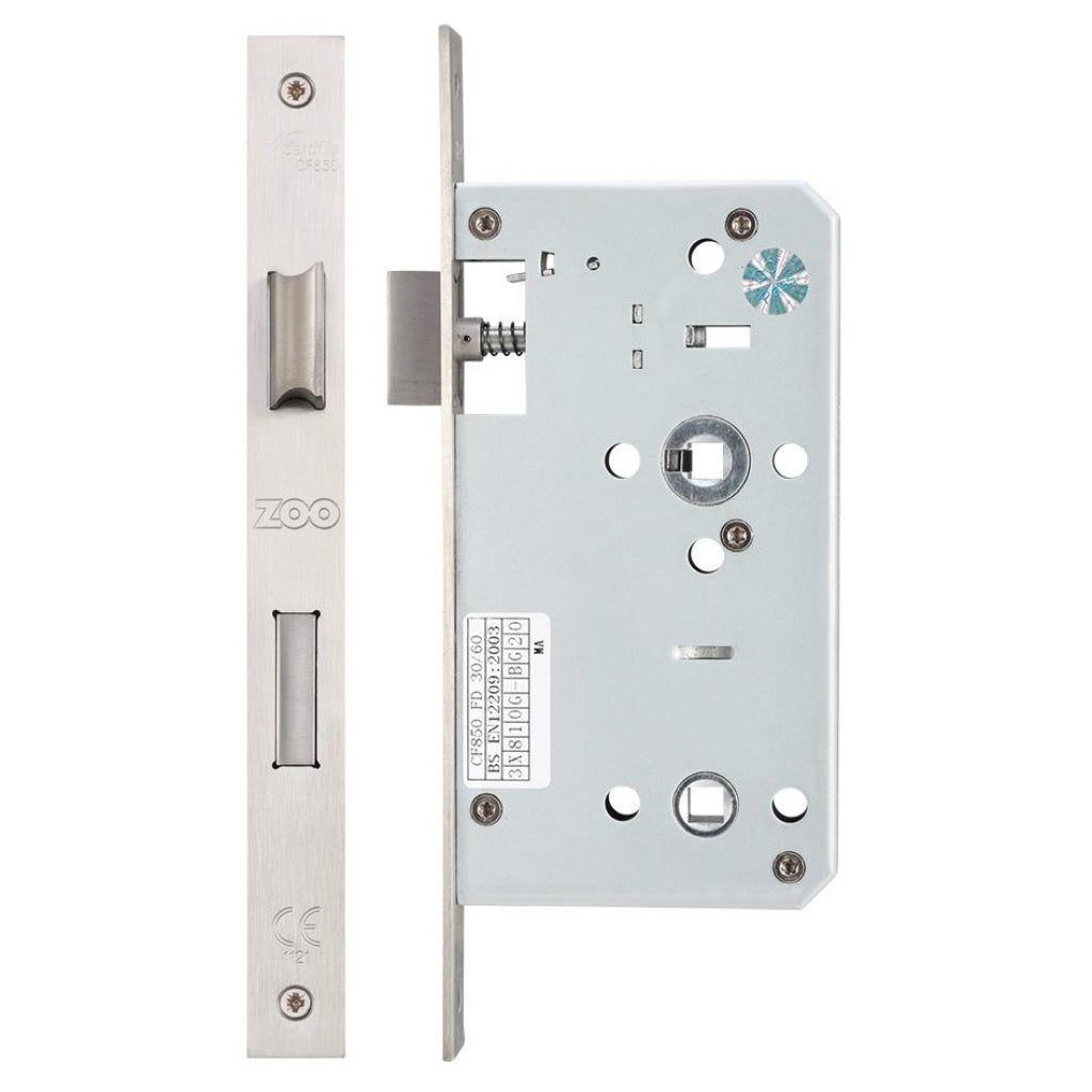 Din Bathroom - 78mm c/c Backset 60mm | Premier Fire Doors Radius profile - 22mm Grade 304 stainless steel forend / Satin Stainless Premier Fire Doors